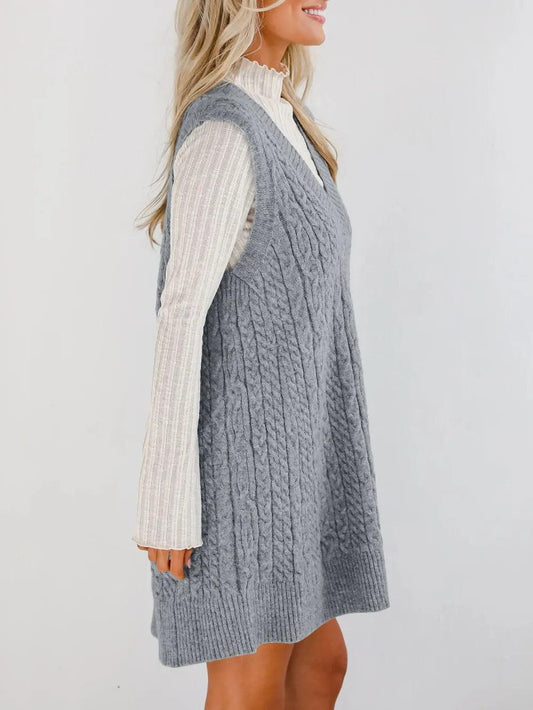 Lovelet Cable Knit V-Neck Mini Sweater Overall Dress - Which Mark