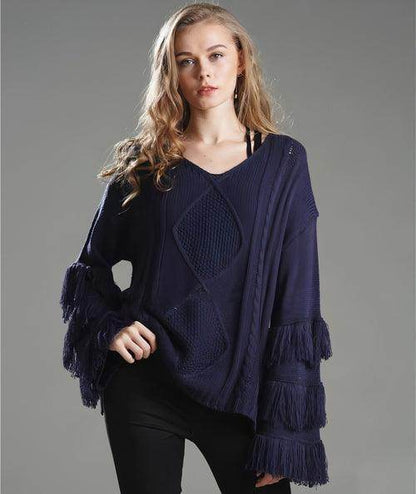 Pullover Loose Sweater Women Tassel Pure Color - Which Mark
