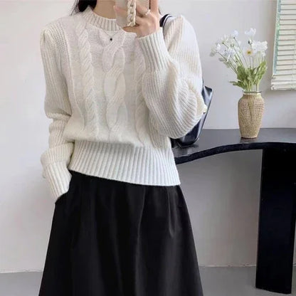 Round Neck Lantern Sleeve Cable-knit Sweater - Which Mark