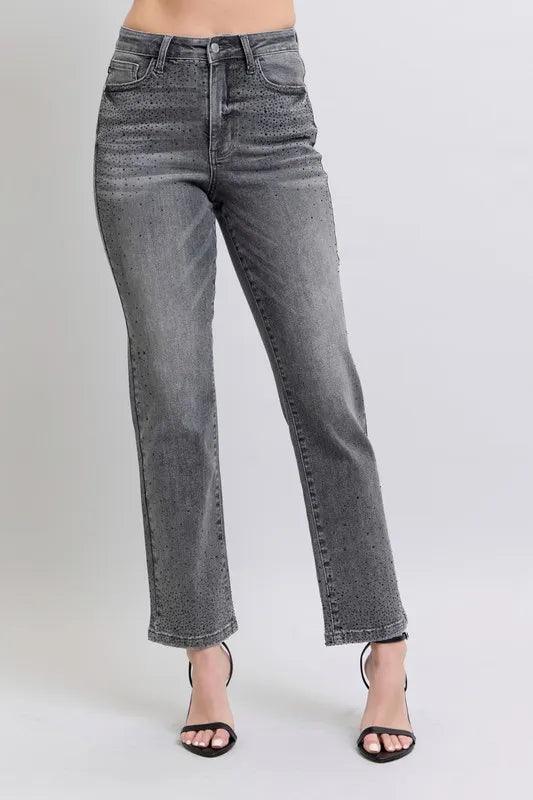 Judy Blue Full Size High Waist Rhinestone Straight Jeans Plus Size - Which Mark