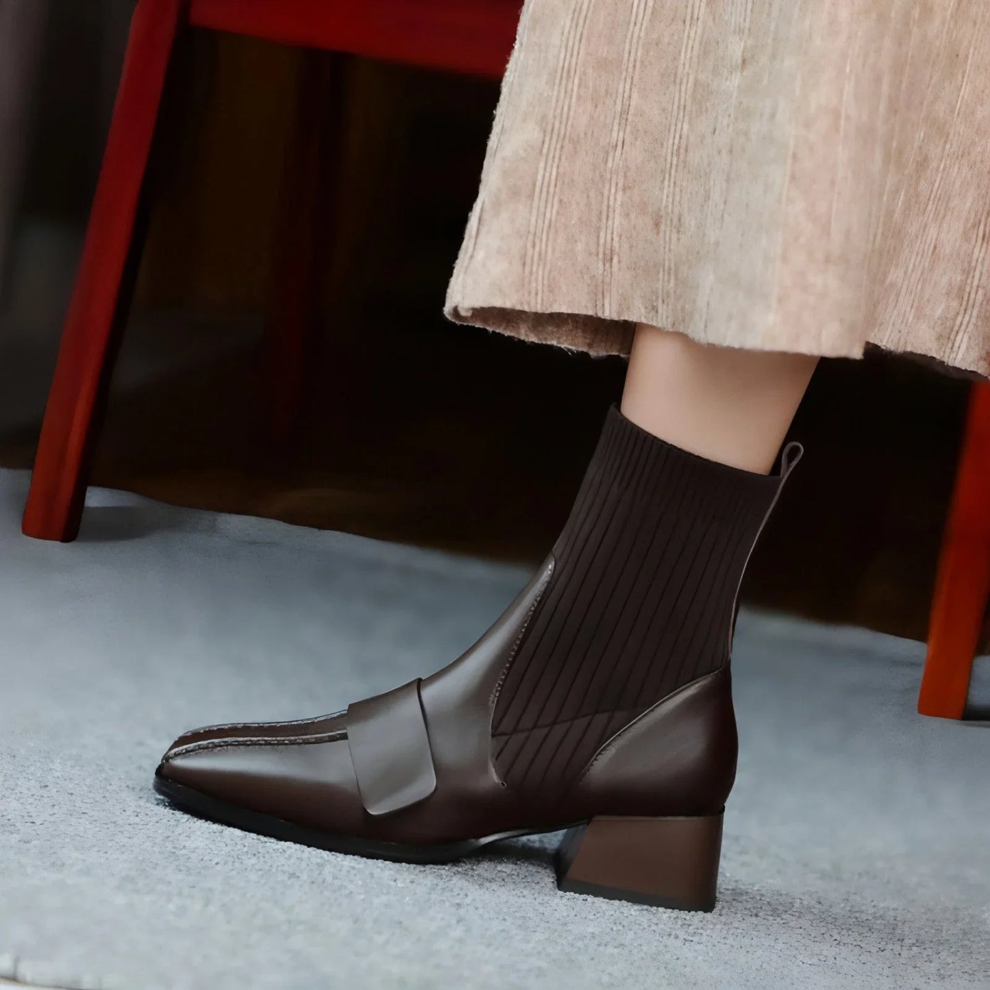 Large Brown Square Toe Mid-heel Soft Leather Shoes - Which Mark