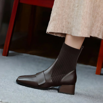 Large Brown Square Toe Mid-heel Soft Leather Shoes - Which Mark