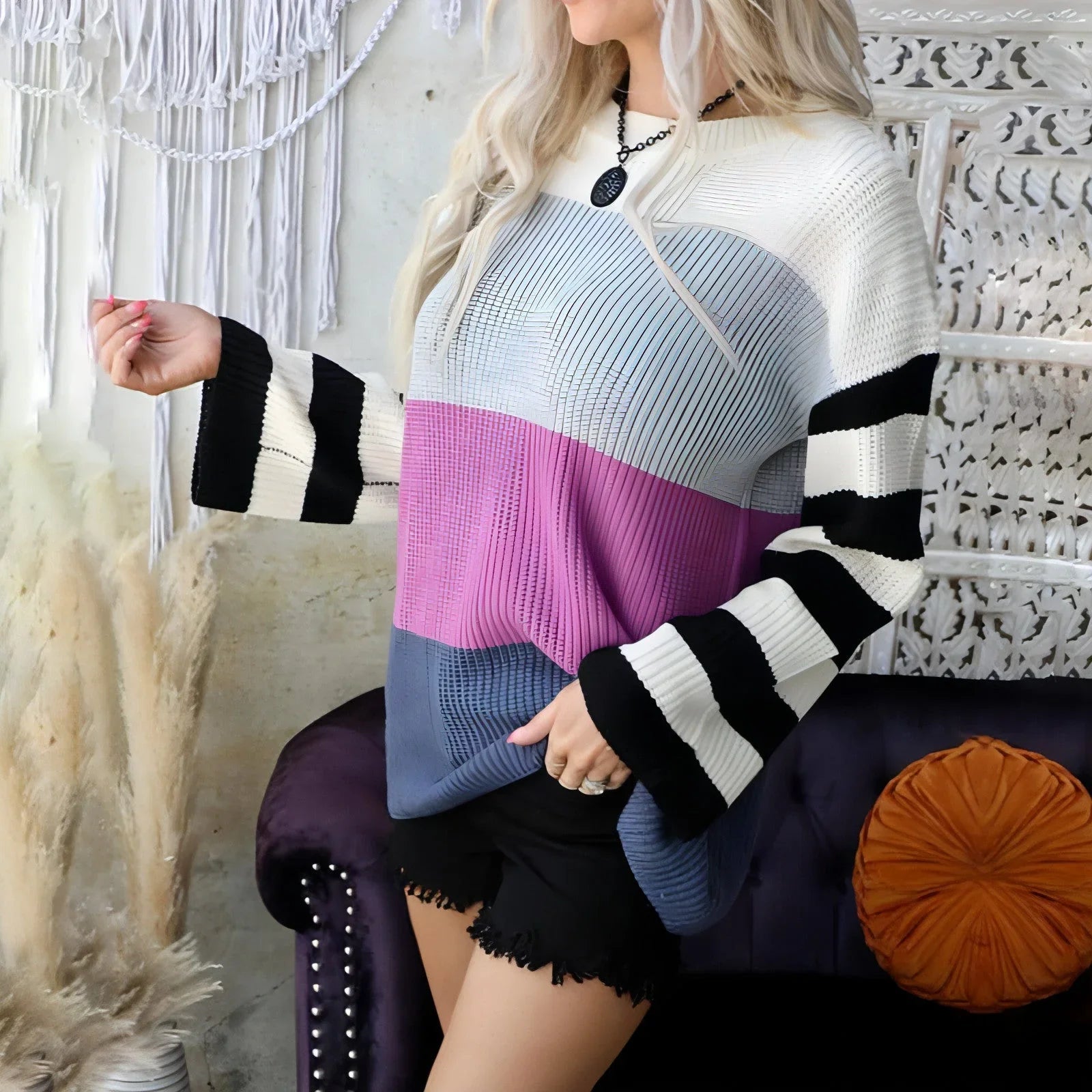 Striped Round Neck Long Sleeve Hit Color Casual Loose Sweater - Which Mark