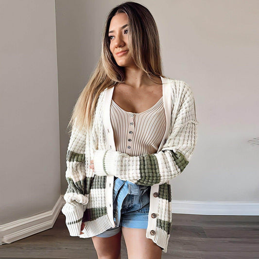 Women's Color Matching Long-sleeved Cardigan Loose Sweater - Which Mark