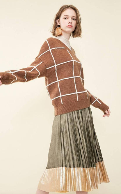 Spring new pattern check V-neck short sweater women - Which Mark