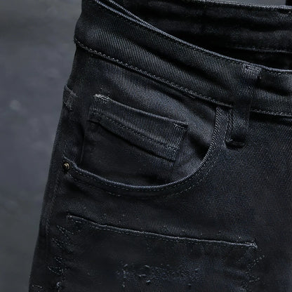 DenimDare™ Pure Black Ripped Stretch Jeans Men Black - Which Mark