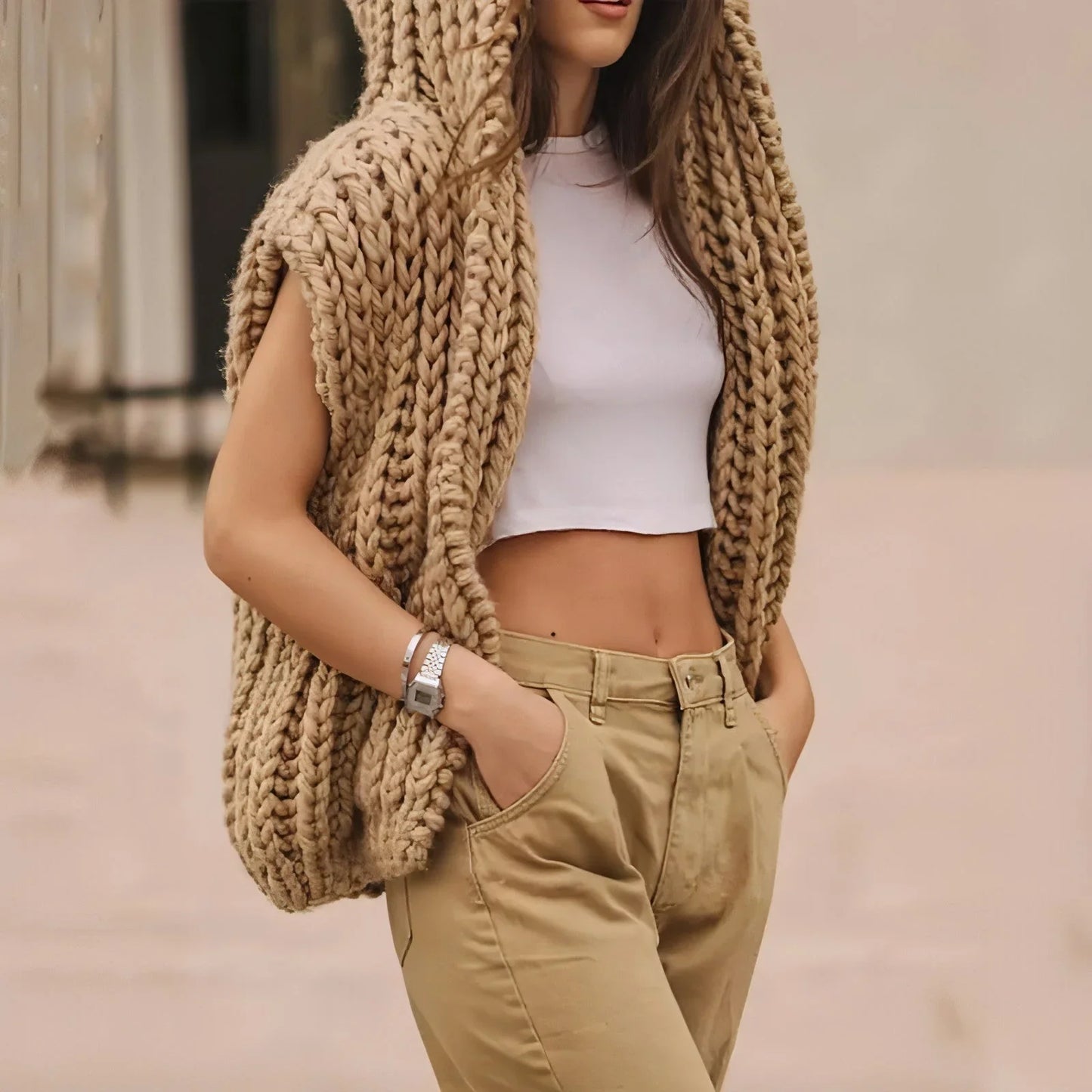 Hooded Thick Pattern Loose Knitted Cardigan Woven Design Sweater - Which Mark