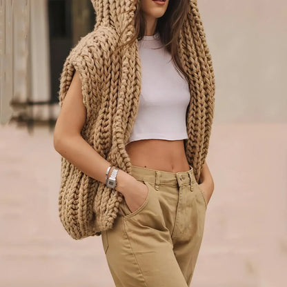 Hooded Thick Pattern Loose Knitted Cardigan Woven Design Sweater - Which Mark