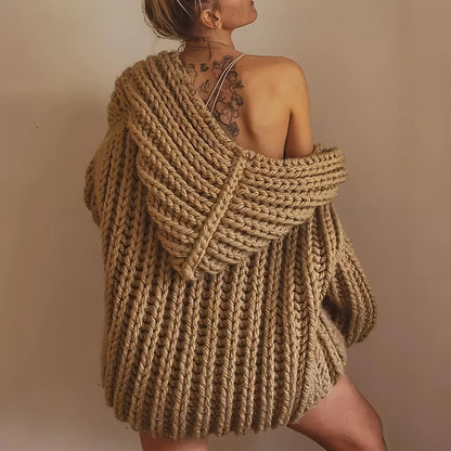 Hooded Thick Pattern Loose Knitted Cardigan Woven Design Sweater - Which Mark