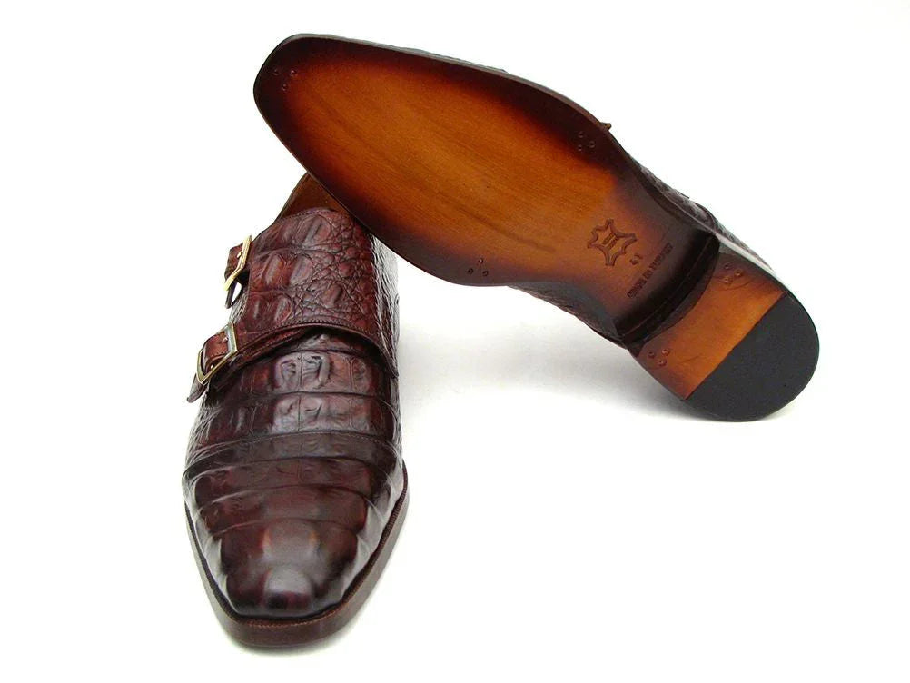 Paul Parkman Men's Double Monkstraps Brown & Bordeaux Crocodile - Which Mark