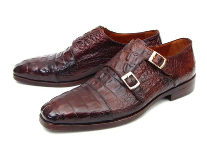 Paul Parkman Men's Double Monkstraps Brown & Bordeaux Crocodile - Which Mark