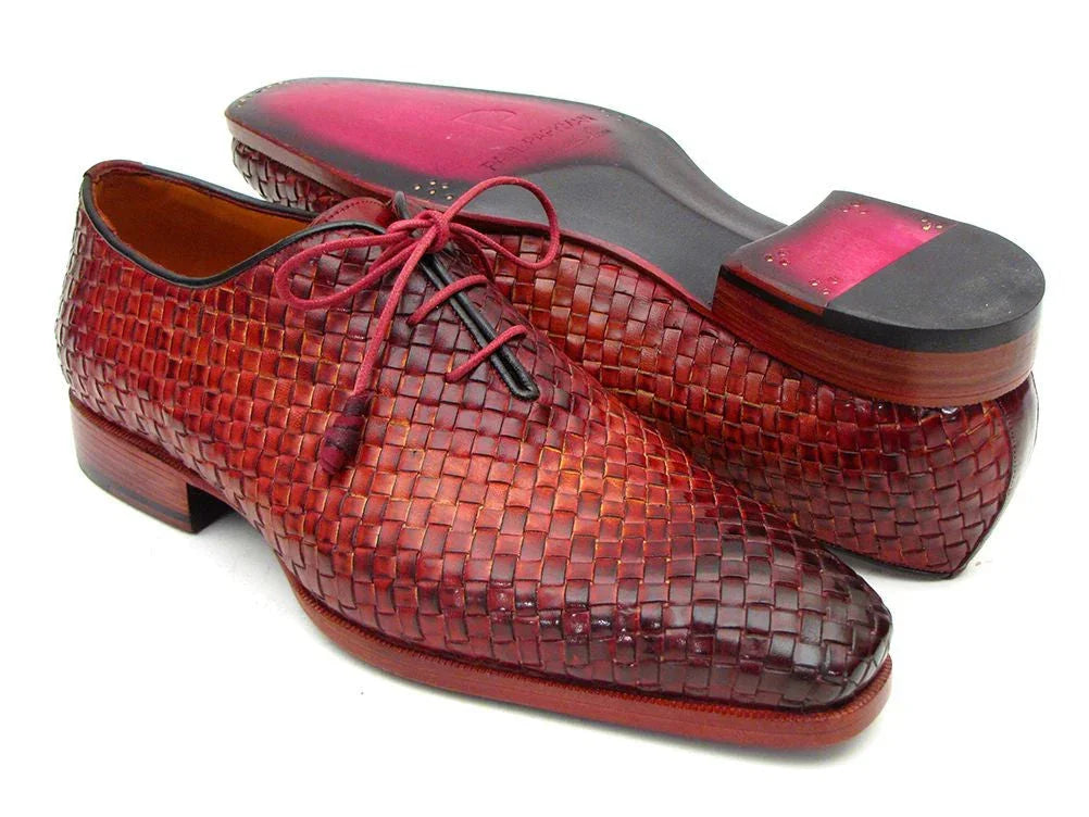 Paul Parkman Bordeaux & Tobacco Woven Leather Oxfords (ID#54HK42) - Which Mark