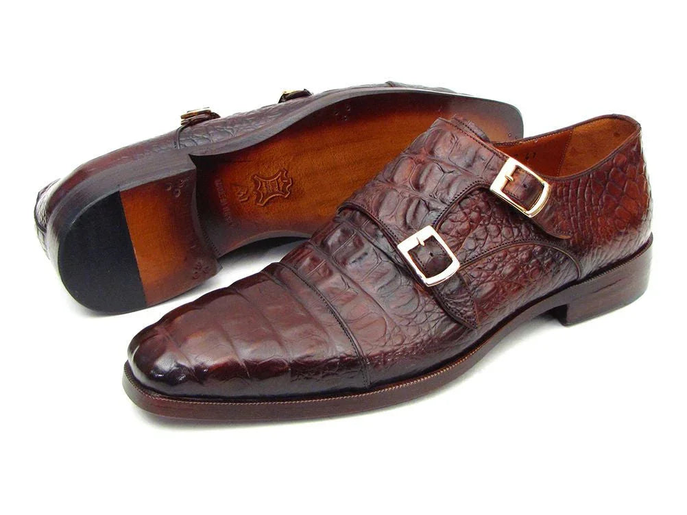 Paul Parkman Men's Double Monkstraps Brown & Bordeaux Crocodile - Which Mark