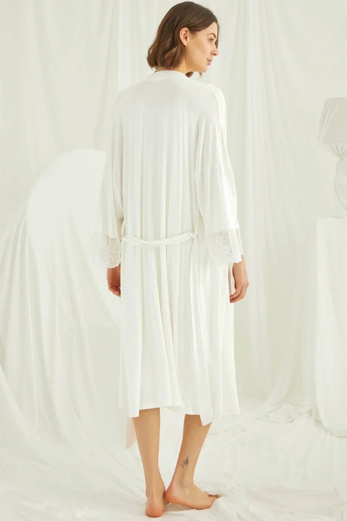 Shopymommy 18202 Lace Maternity & Nursing Nightgown With Robe Set Ecru - Which Mark
