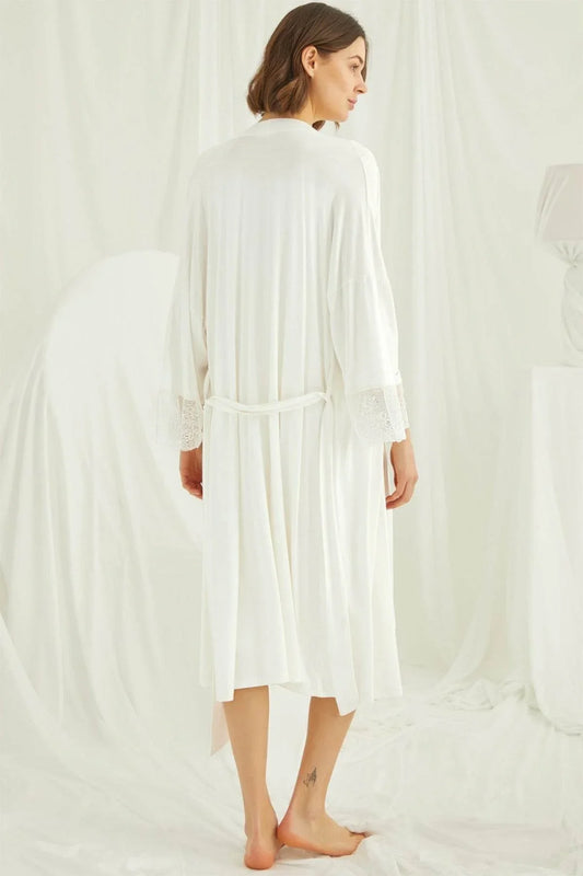 Shopymommy 18202 Lace Maternity & Nursing Nightgown With Robe Set Ecru - Which Mark