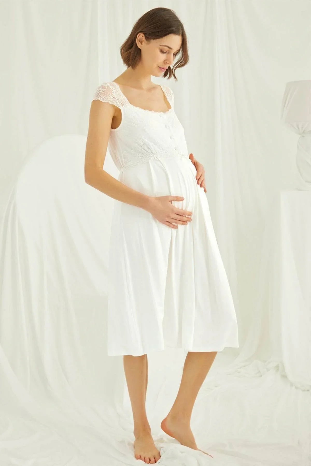 Shopymommy 18202 Lace Maternity & Nursing Nightgown With Robe Set Ecru - Which Mark