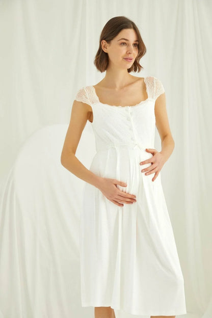 Shopymommy 18202 Lace Maternity & Nursing Nightgown With Robe Set Ecru - Which Mark