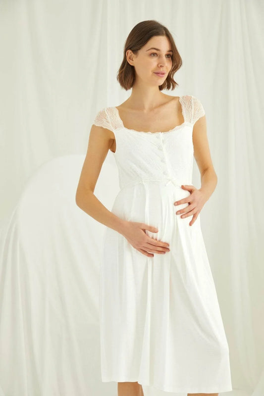Shopymommy 18202 Lace Maternity & Nursing Nightgown With Robe Set Ecru - Which Mark
