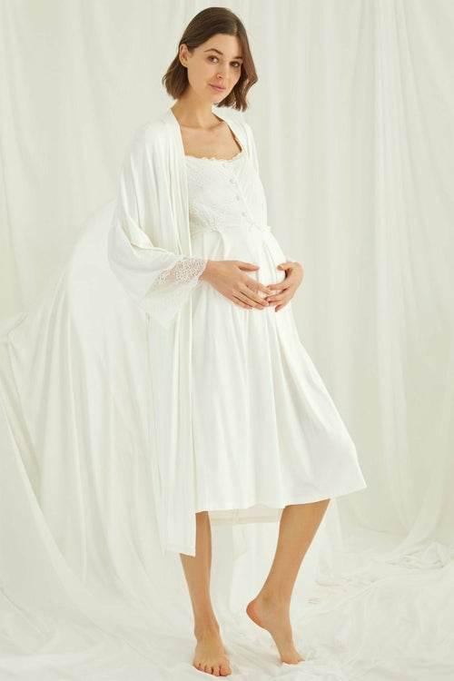 Shopymommy 18202 Lace Maternity & Nursing Nightgown With Robe Set Ecru - Which Mark