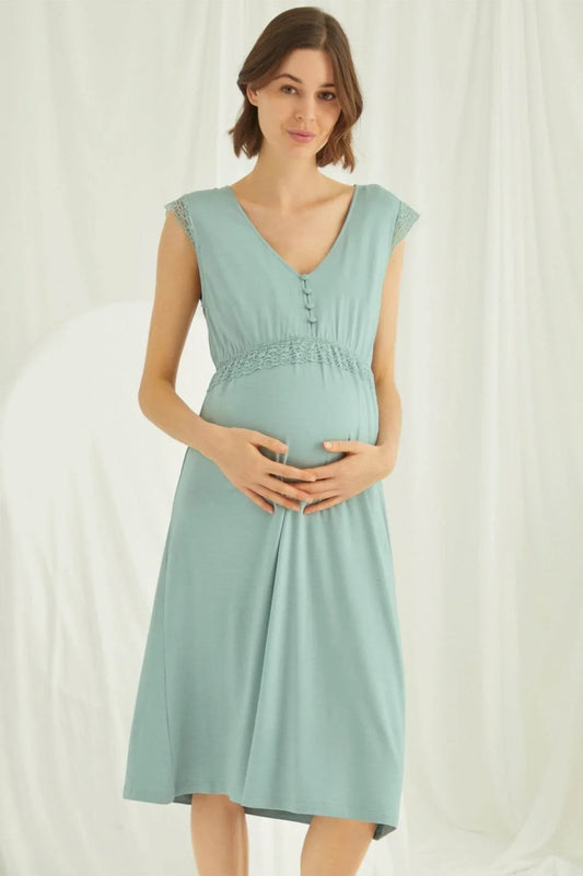 Shopymommy 18466 Lace V-Neck Maternity & Nursing Nightgown Green - Which Mark