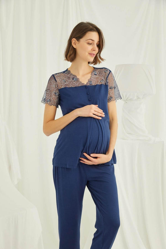 Shopymommy 19298 Lace Maternity & Nursing Pajamas Navy Blue - Which Mark