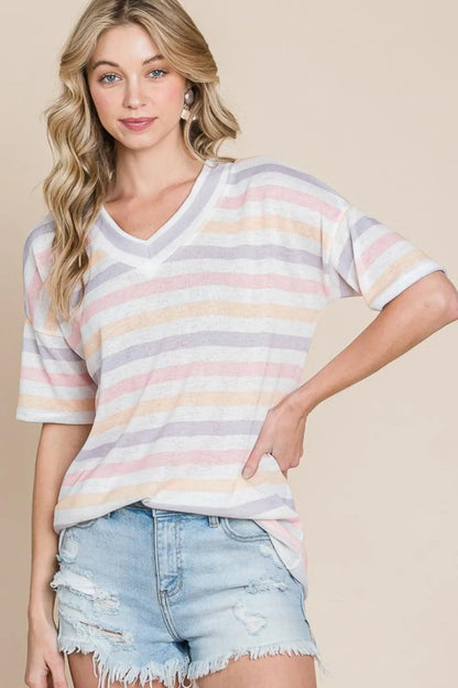 BOMBOM Striped V-Neck Short Sleeve T-Shirt - Which Mark