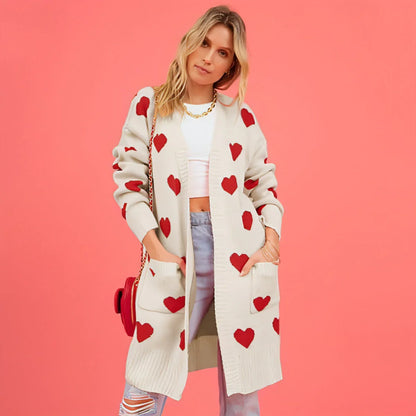 Heart Knitted Cardigan Love Pocket V-neck Mid-length Sweater - Which Mark