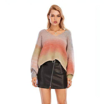 Rainbow Striped V-neck Sweater Loose-fitting Women - Which Mark