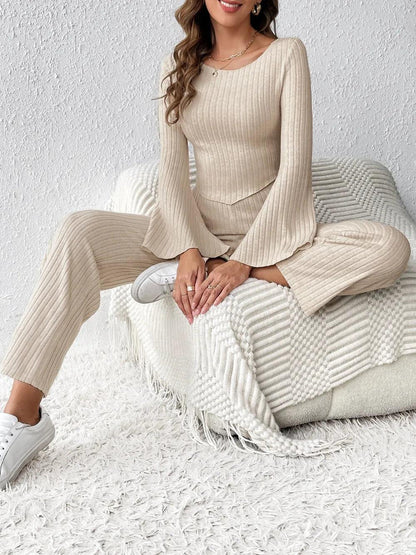 Ribbed Flare Sleeve Top and Pants Set - Which Mark