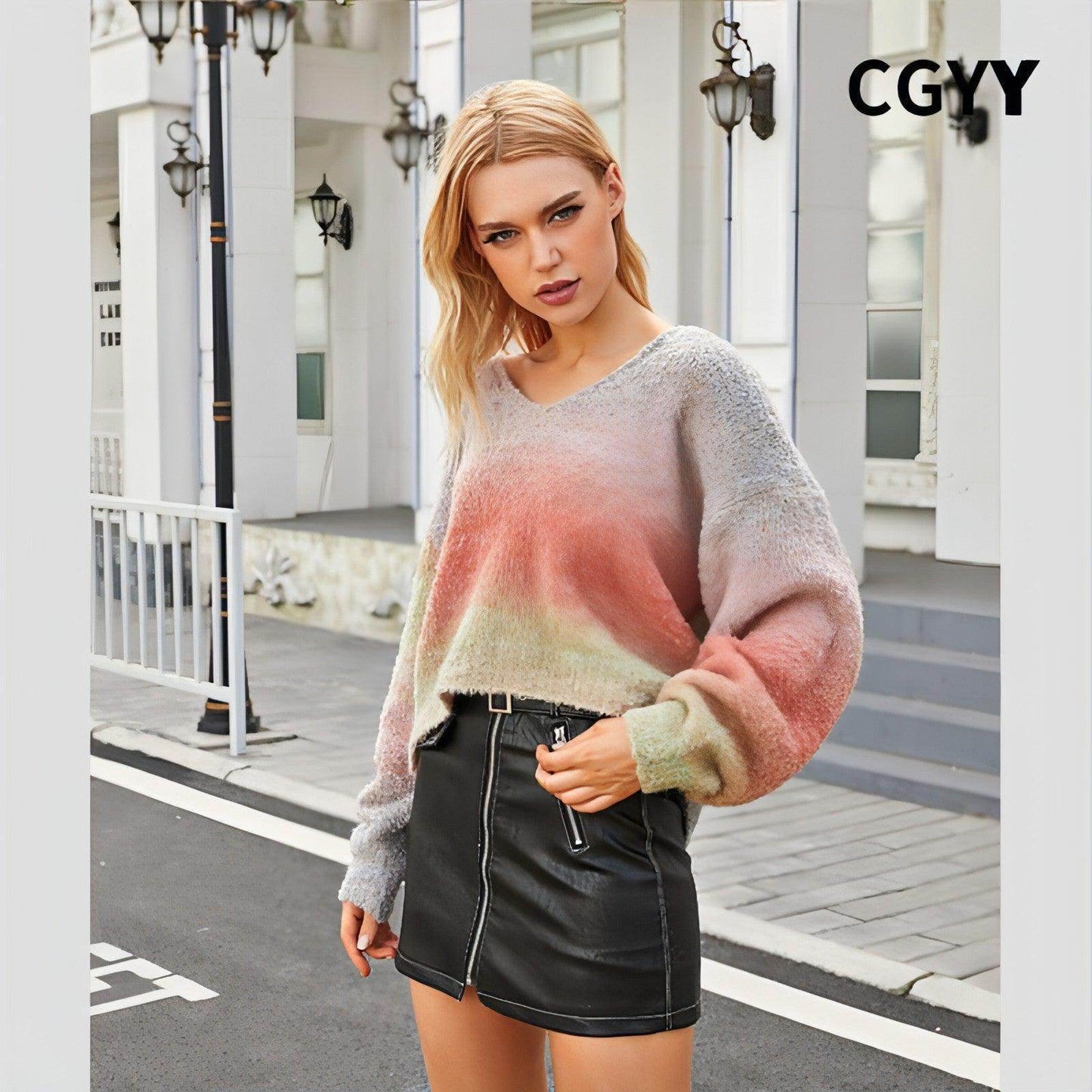 Rainbow Striped V-neck Sweater Loose-fitting Women - Which Mark