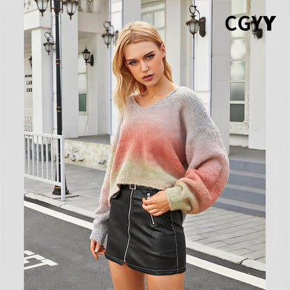 Rainbow Striped V-neck Sweater Loose-fitting Women - Which Mark