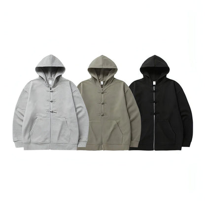 New Chinese Style Buckle Fleece Zipper Hooded Sweater - Which Mark
