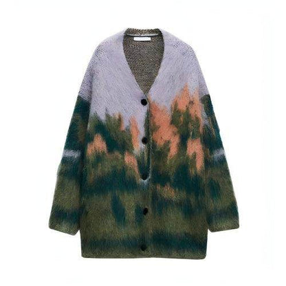 Women Sweater Long Sleeve V-neck Landscape Pattern Knitted - Which Mark