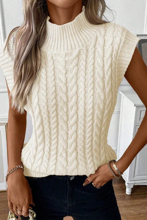 Oatmeal Cable Knit High Neck Sweater Vest - Which Mark