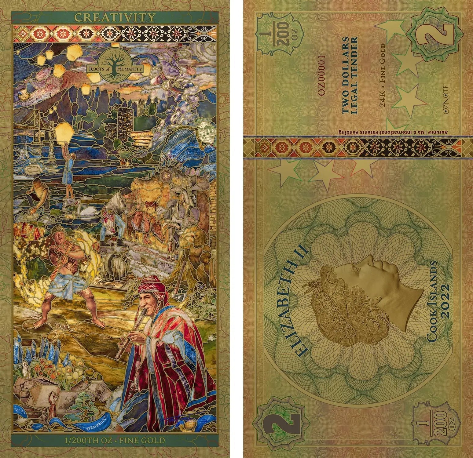 2022 Cook Islands CREATIVITY Seven Pillars of Humanity 24k Gold Note - Which Mark