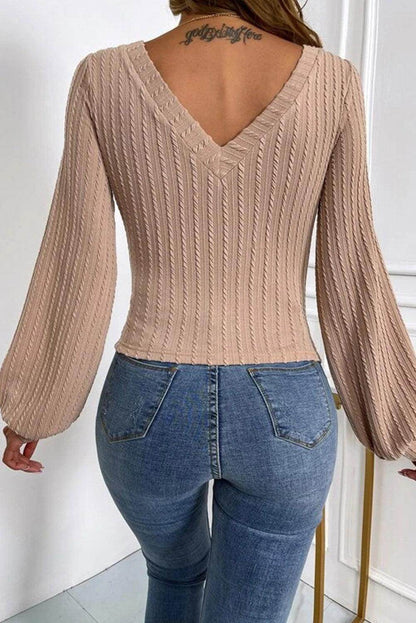 Khaki Knitted Jacquard V Neck Lantern Sleeve Top - Which Mark
