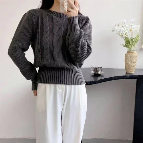 Round Neck Lantern Sleeve Cable-knit Sweater - Which Mark