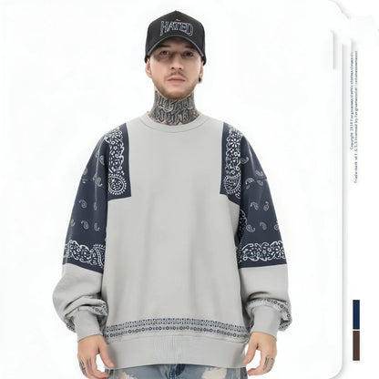 Retro Paisley Stitching Fleece-lined Crew Neck Sweater - Which Mark