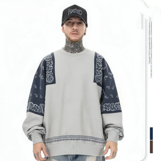 Retro Paisley Stitching Fleece-lined Crew Neck Sweater - Which Mark