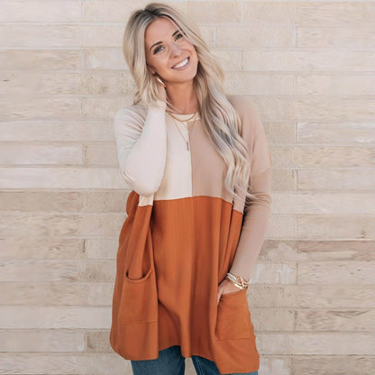 Women's Orange Pocket Color Matching Long-sleeved Top T-shirt - Which Mark