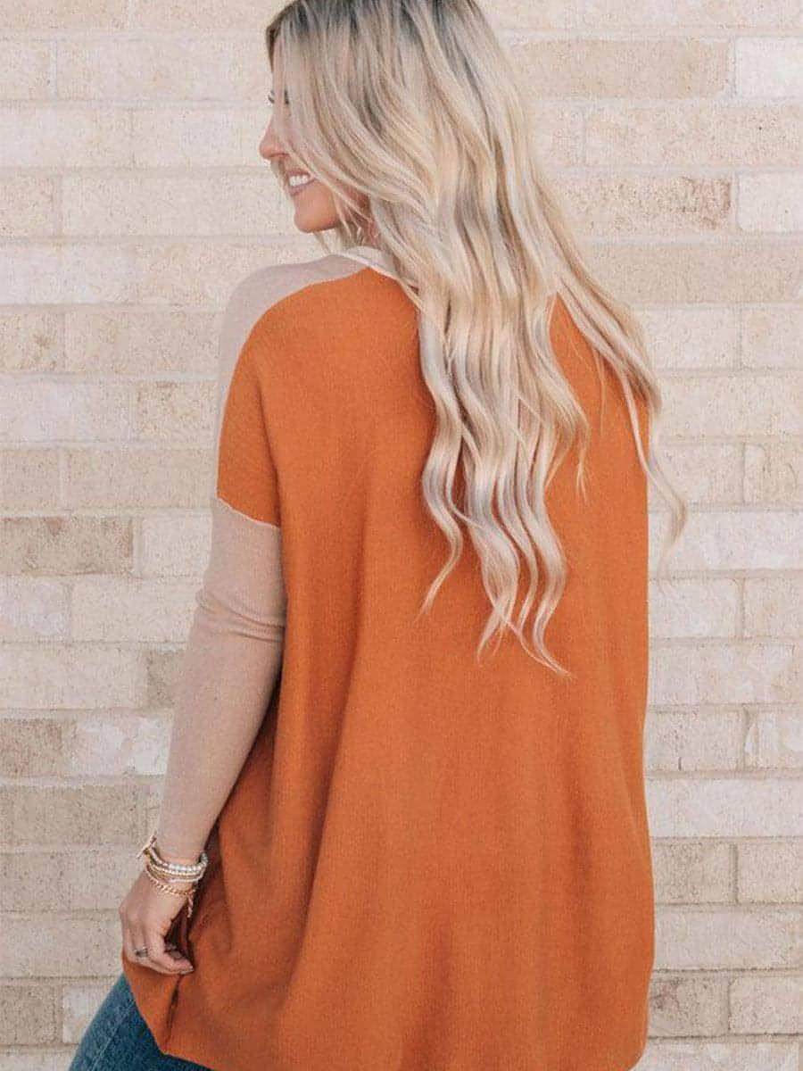 Women's Orange Pocket Color Matching Long-sleeved Top T-shirt - Which Mark