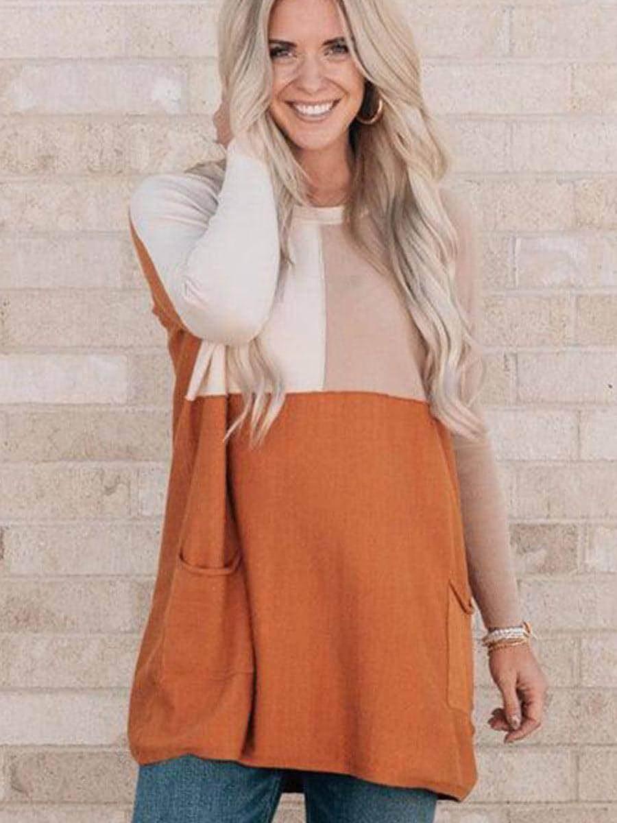 Women's Orange Pocket Color Matching Long-sleeved Top T-shirt - Which Mark