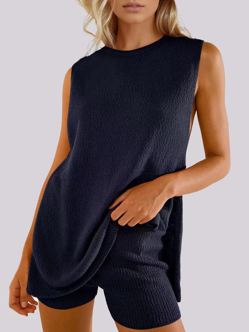 Mandy Side Slit Round Neck Tank and Shorts Sweater Set - Which Mark