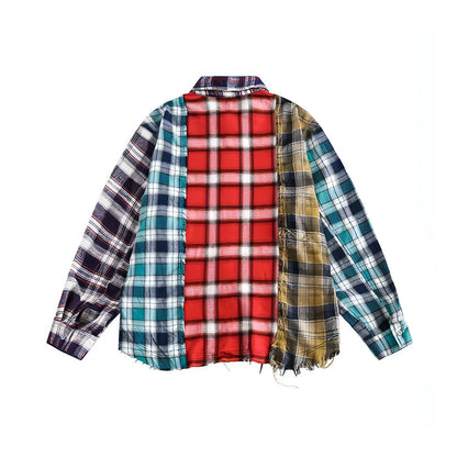 Multi-color Mosaic Plaid Fringed Hem Long Sleeve DressShirt Men - Which Mark