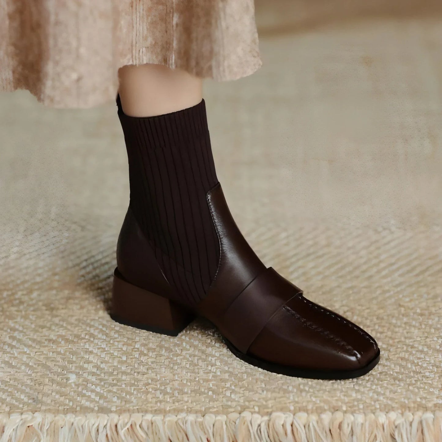 Large Brown Square Toe Mid-heel Soft Leather Shoes - Which Mark
