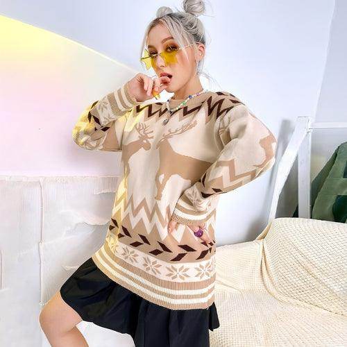 Round Neck Pullover Elk Style Women's Knitted Sweater Women - Which Mark