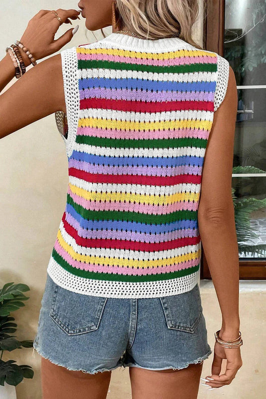 Multicolour Striped Knitted Eyelet Slim Sweater Vest - Which Mark