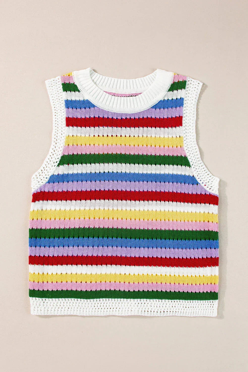 Multicolour Striped Knitted Eyelet Slim Sweater Vest - Which Mark