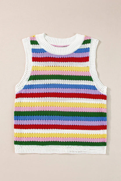 Multicolour Striped Knitted Eyelet Slim Sweater Vest - Which Mark