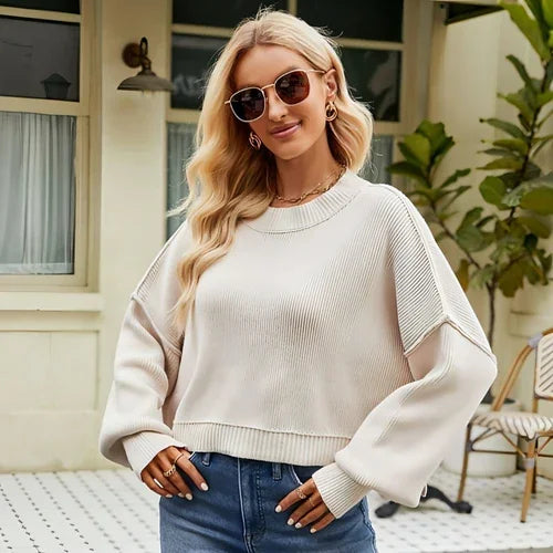 Loose Cropped Pullover Fashion Long Sleeve Round Neck Sweater - Which Mark
